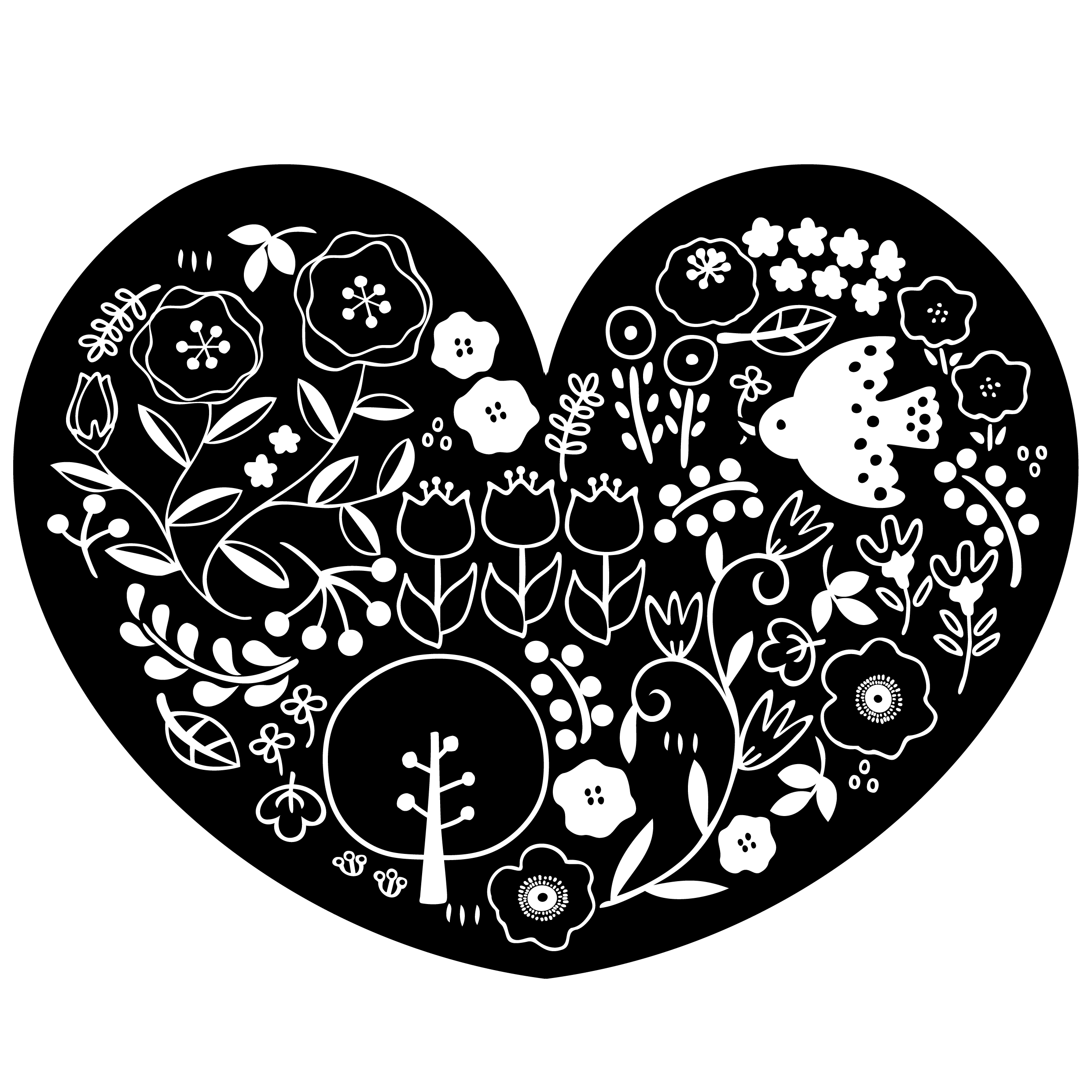EggnWorks Museum エッグンワークス ミュージアム 北欧デザイン風の花や小鳥を散りばめたハートのイラストinoueibuki